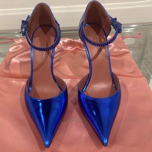 Amina Muaddi metallic blue crystal pumps